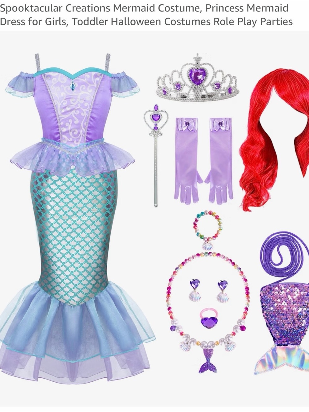 Girls Purple & Teal Mermaid Costume with Red Wig NWT. size M (8/10)
